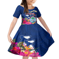 Personalised Guam Liberation Family Matching Puletasi and Hawaiian Shirt Latte Stone and Guahan Seal Jungle Flower LT03 Daughter's Dress Blue - Polynesian Pride