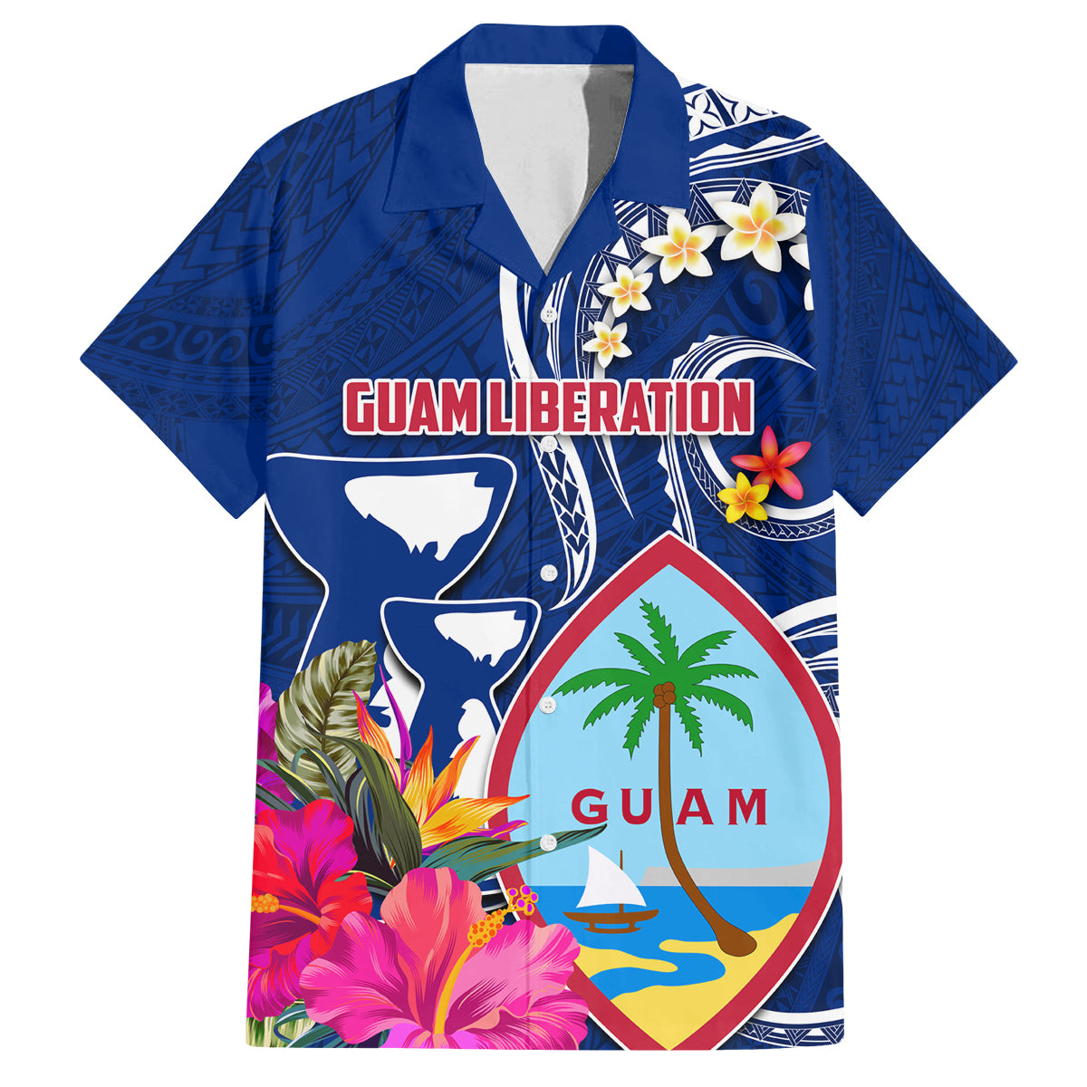 Personalised Guam Liberation Family Matching Puletasi and Hawaiian Shirt Latte Stone and Guahan Seal Jungle Flower LT03 Dad's Shirt - Short Sleeve Blue - Polynesian Pride