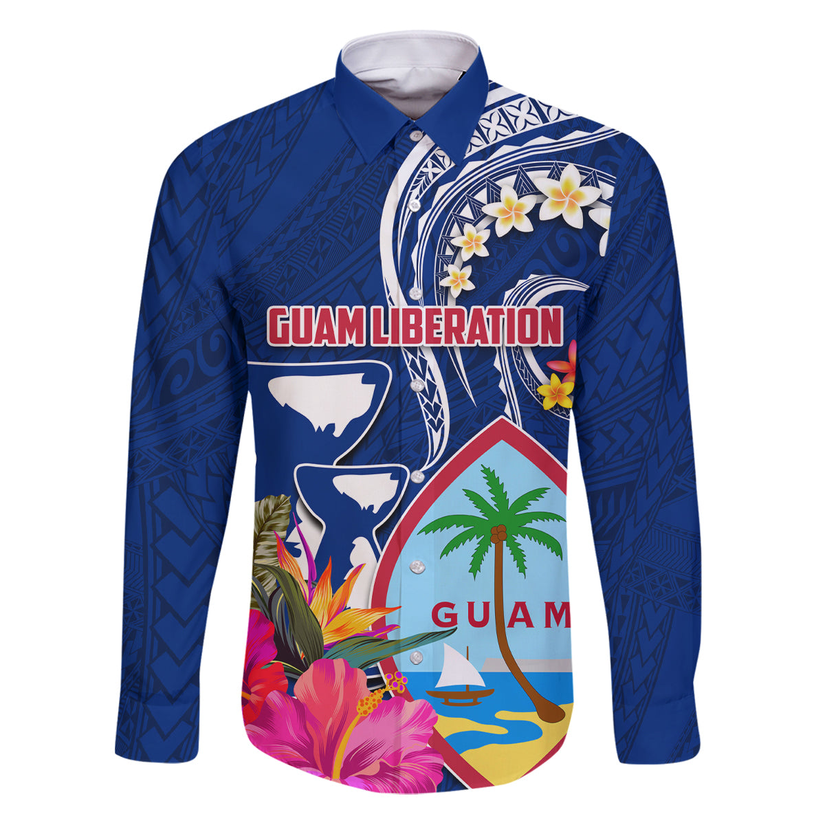 Personalised Guam Liberation Family Matching Puletasi and Hawaiian Shirt Latte Stone and Guahan Seal Jungle Flower LT03 Dad's Shirt - Long Sleeve Blue - Polynesian Pride