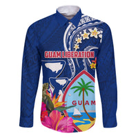 Personalised Guam Liberation Family Matching Puletasi and Hawaiian Shirt Latte Stone and Guahan Seal Jungle Flower LT03 Dad's Shirt - Long Sleeve Blue - Polynesian Pride