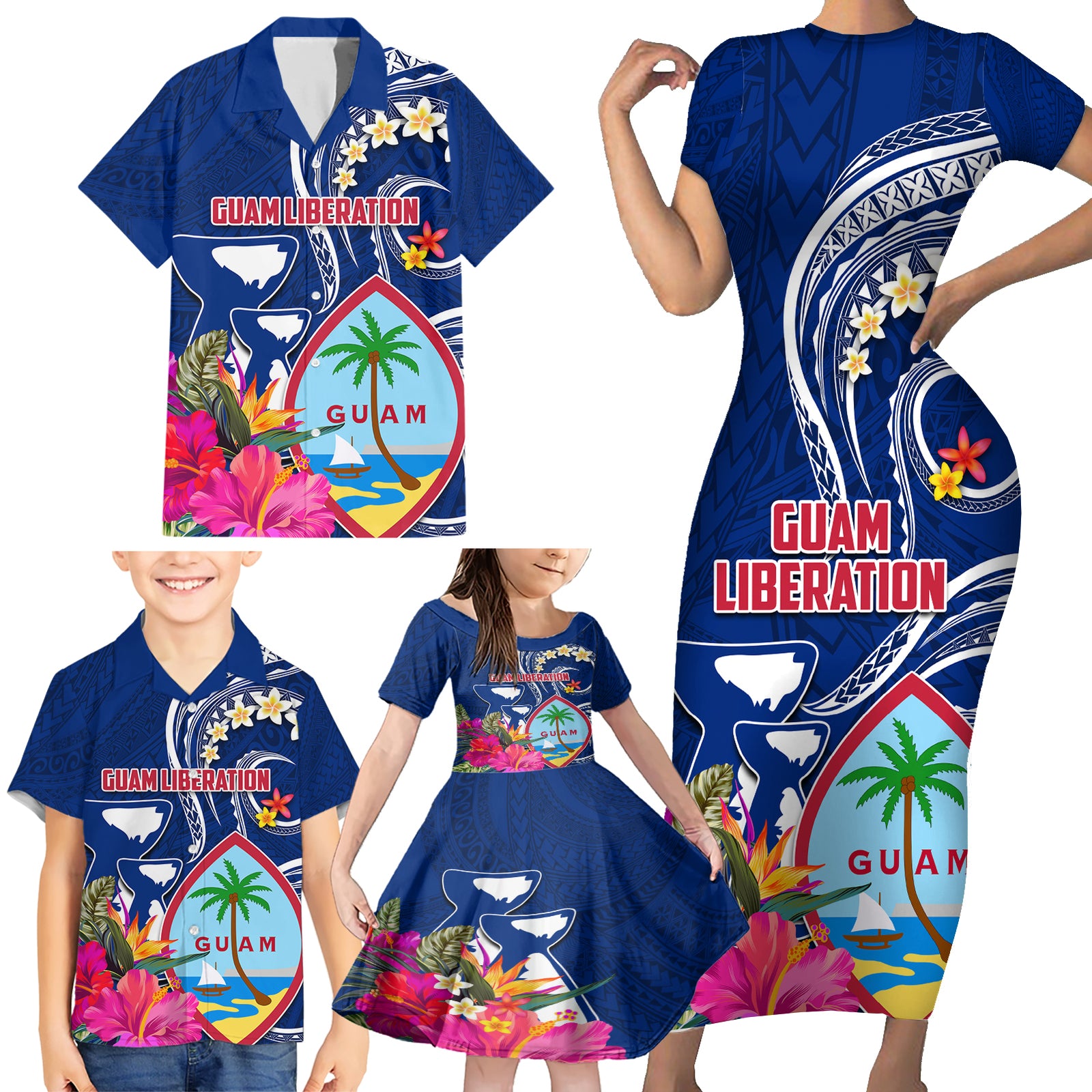 Guam Liberation Family Matching Short Sleeve Bodycon Dress and Hawaiian Shirt Latte Stone and Guahan Seal Jungle Flower