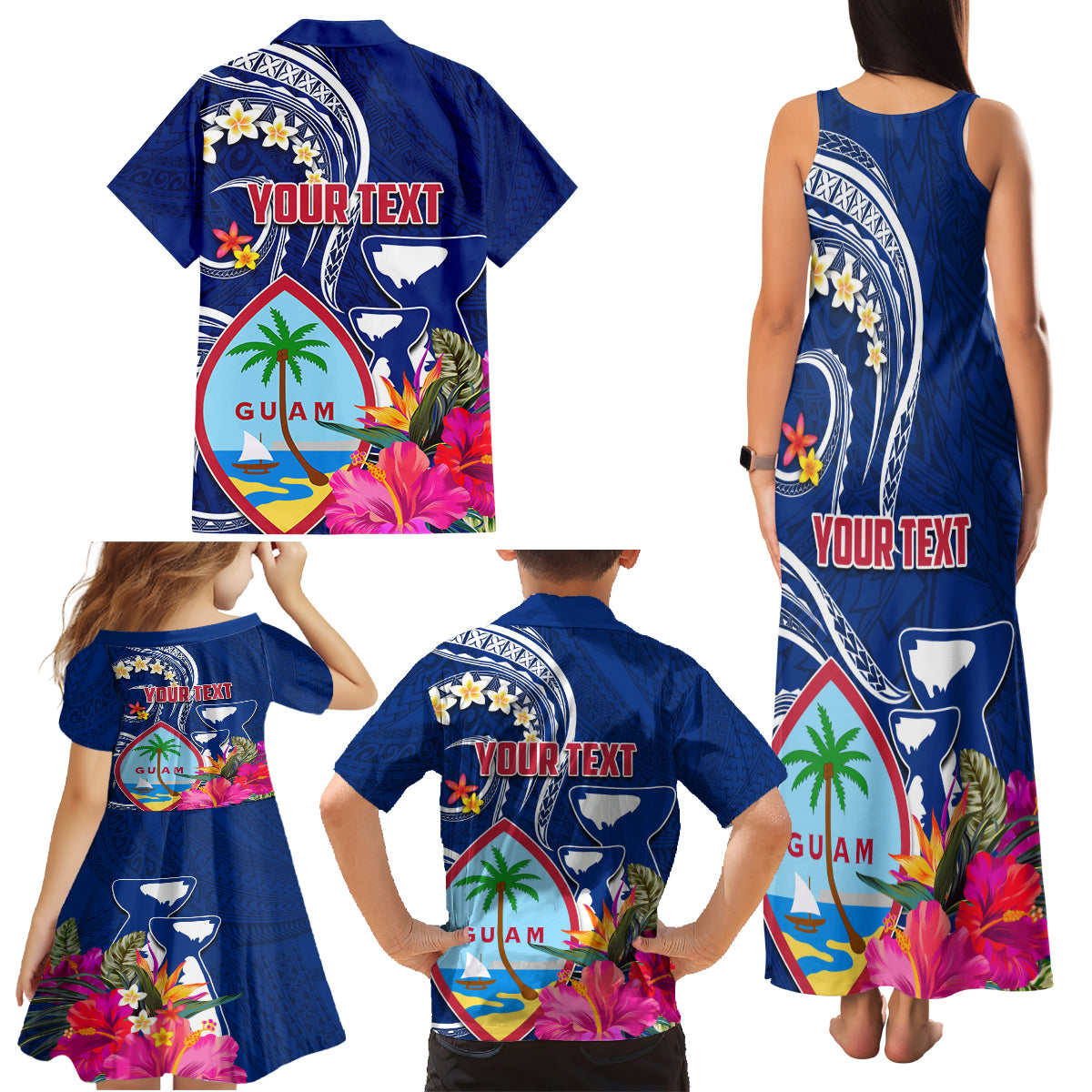 Guam Liberation Family Matching Tank Maxi Dress and Hawaiian Shirt Latte Stone and Guahan Seal Jungle Flower