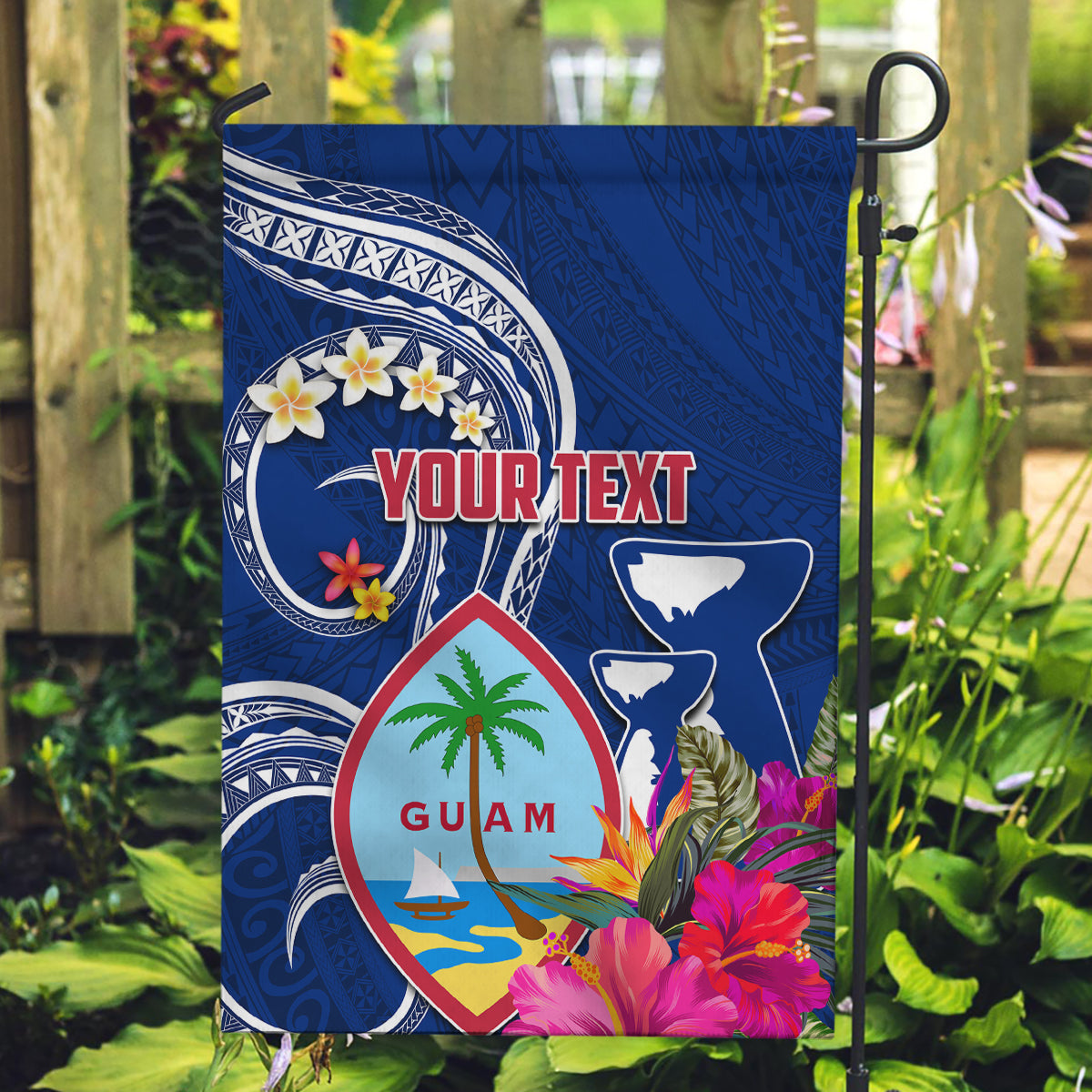Personalised Guam Liberation Garden Flag Latte Stone and Guahan Seal Jungle Flower