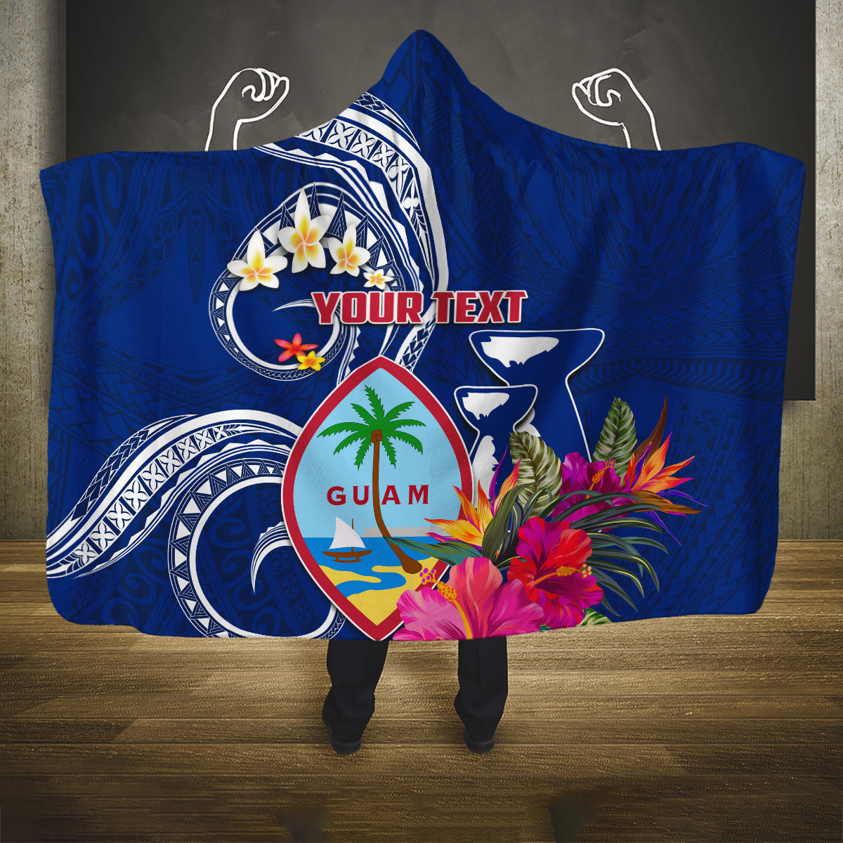 Personalised Guam Liberation Hooded Blanket Latte Stone and Guahan Seal Jungle Flower