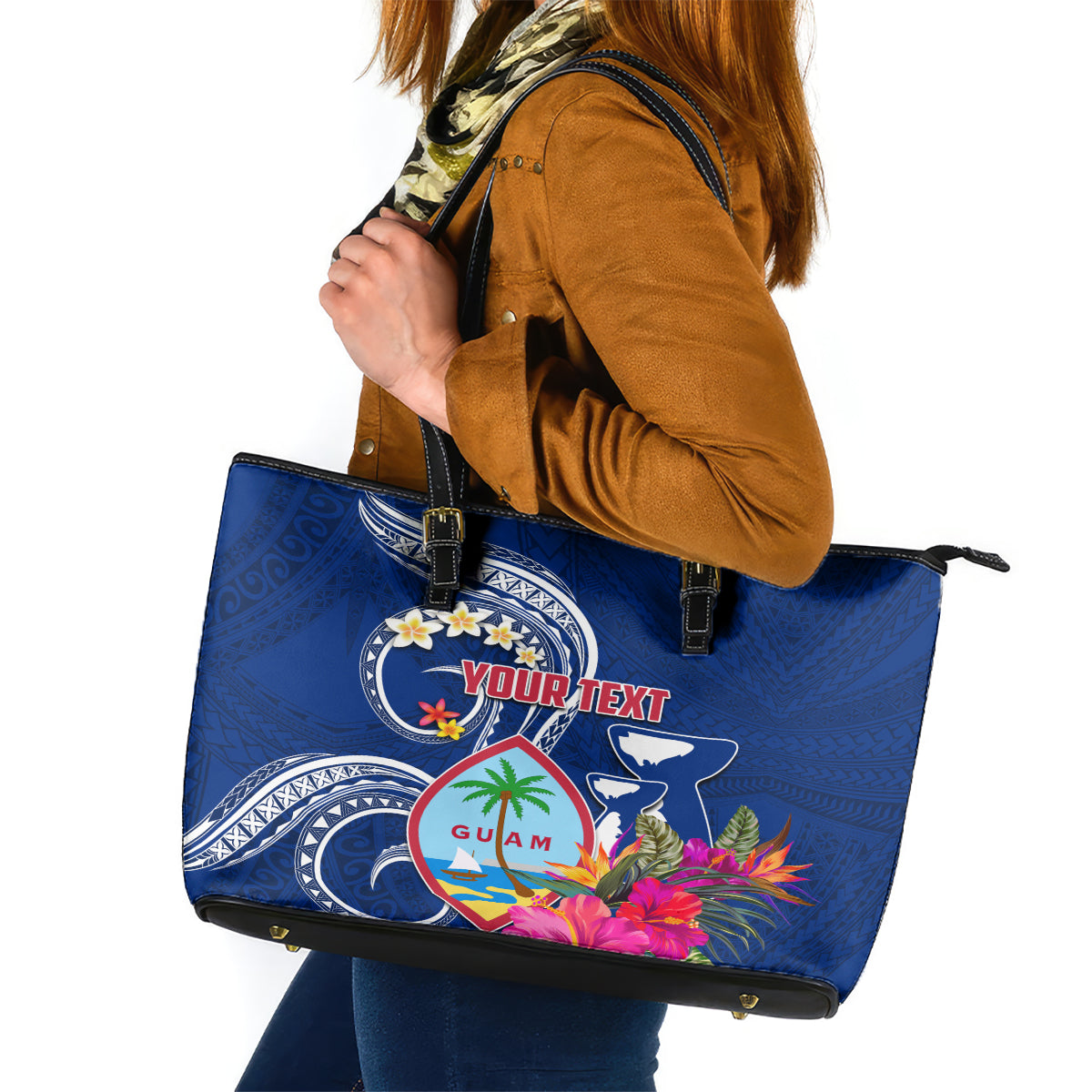 Personalised Guam Liberation Leather Tote Bag Latte Stone and Guahan Seal Jungle Flower