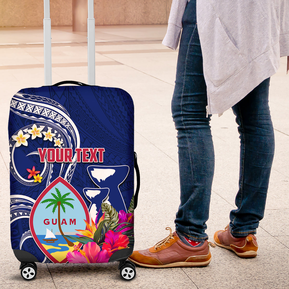 Personalised Guam Liberation Luggage Cover Latte Stone and Guahan Seal Jungle Flower
