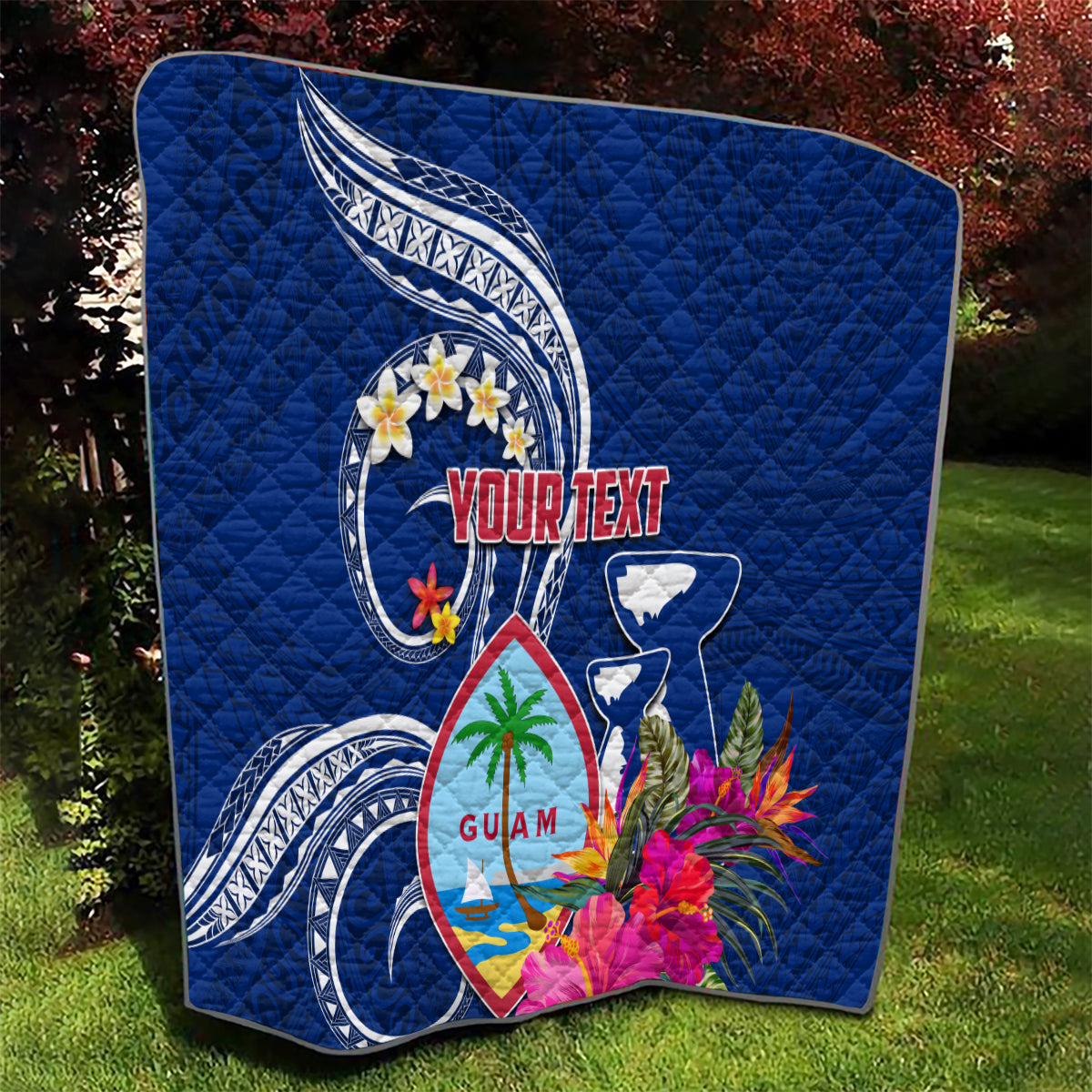 Personalised Guam Liberation Quilt Latte Stone and Guahan Seal Jungle Flower