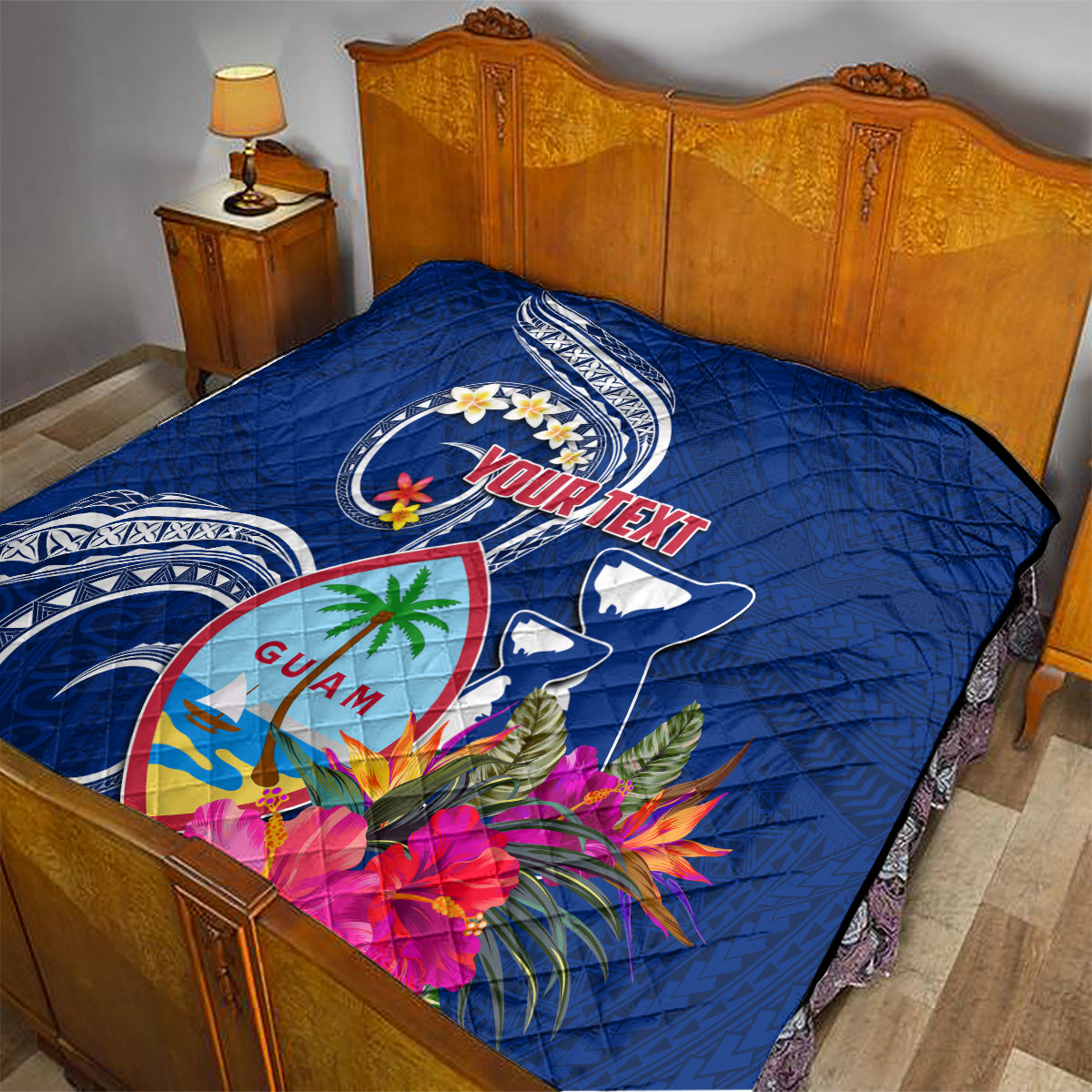 Personalised Guam Liberation Quilt Latte Stone and Guahan Seal Jungle Flower
