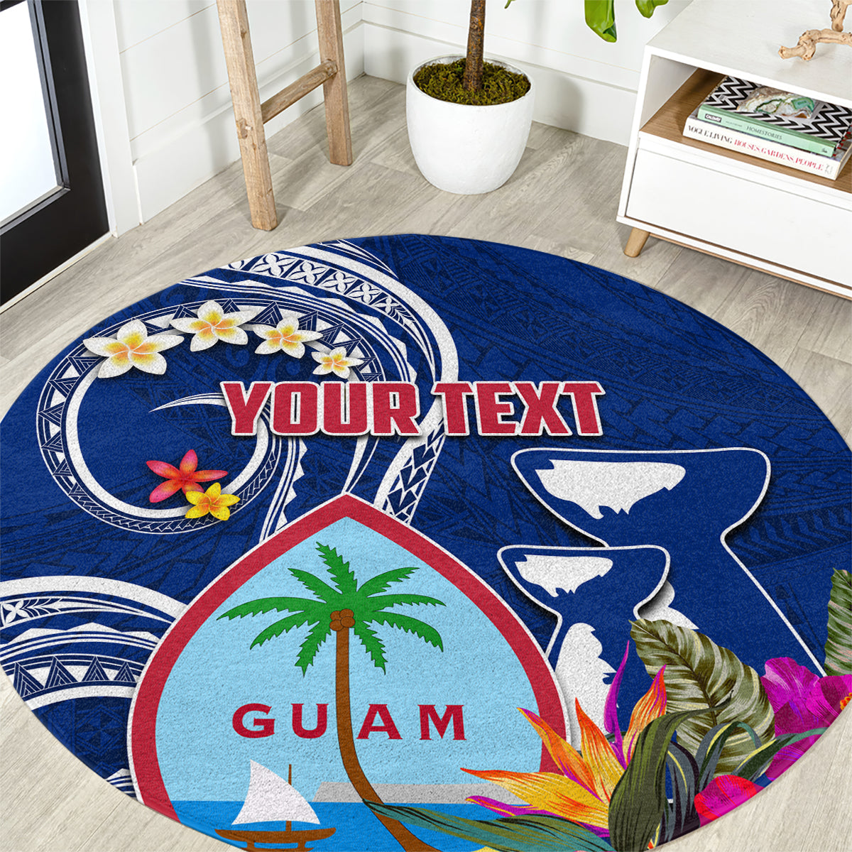 Personalised Guam Liberation Round Carpet Latte Stone and Guahan Seal Jungle Flower