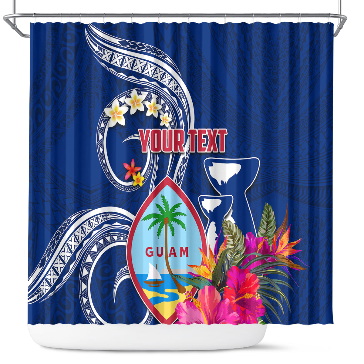 Personalised Guam Liberation Shower Curtain Latte Stone and Guahan Seal Jungle Flower