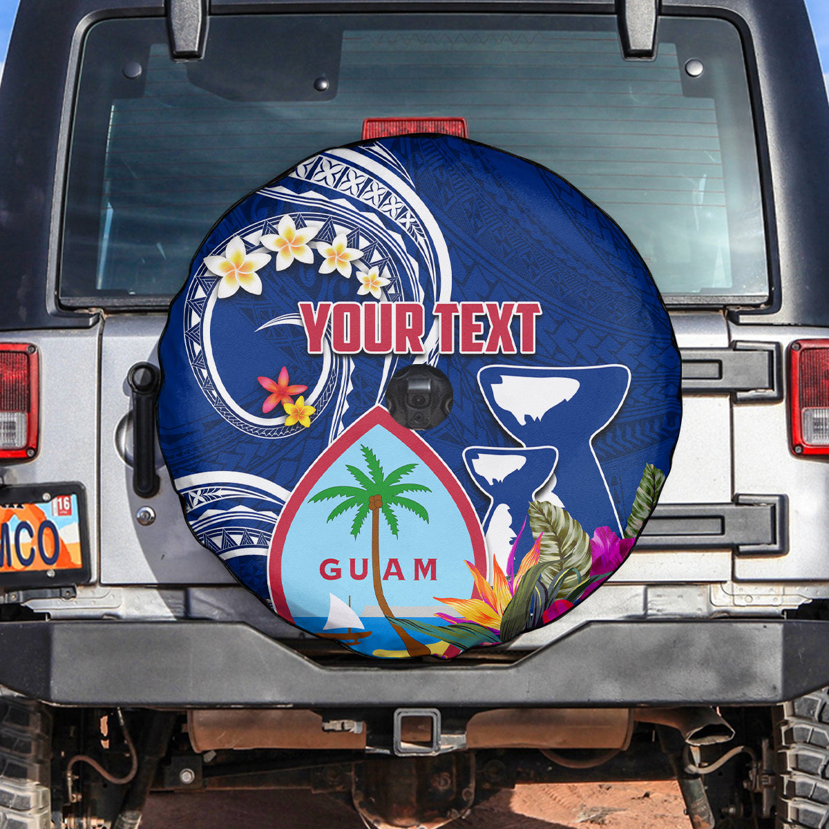 Personalised Guam Liberation Spare Tire Cover Latte Stone and Guahan Seal Jungle Flower