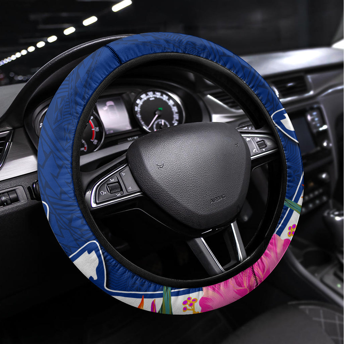 Guam Liberation Steering Wheel Cover Latte Stone and Guahan Seal Jungle Flower