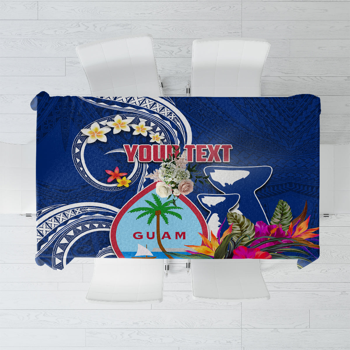 Personalised Guam Liberation Tablecloth Latte Stone and Guahan Seal Jungle Flower