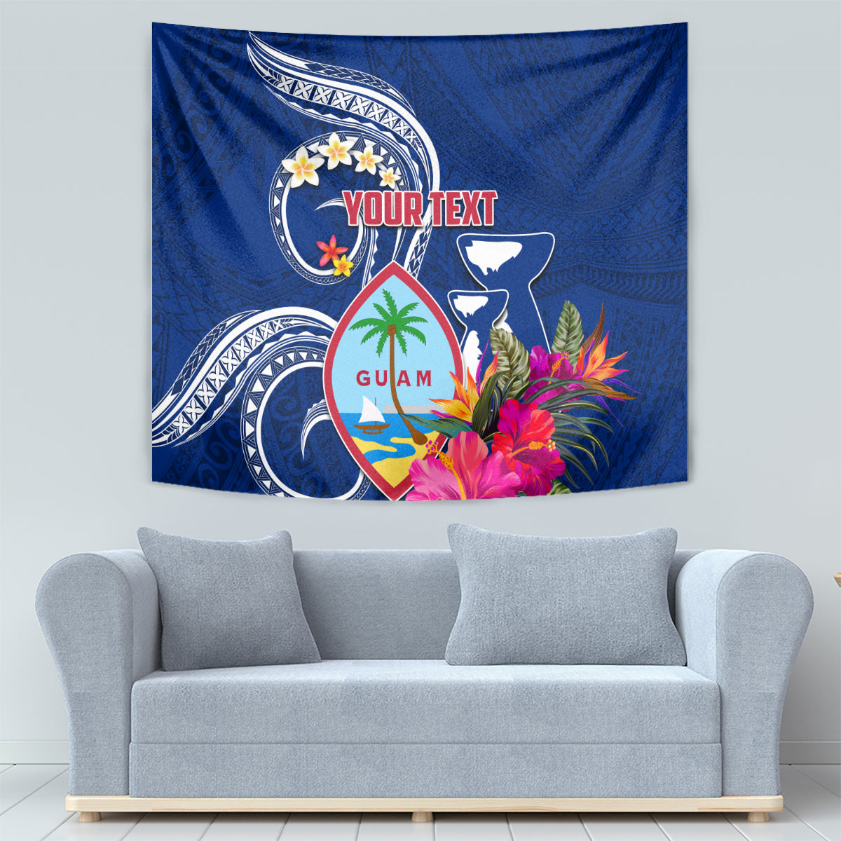 Personalised Guam Liberation Tapestry Latte Stone and Guahan Seal Jungle Flower