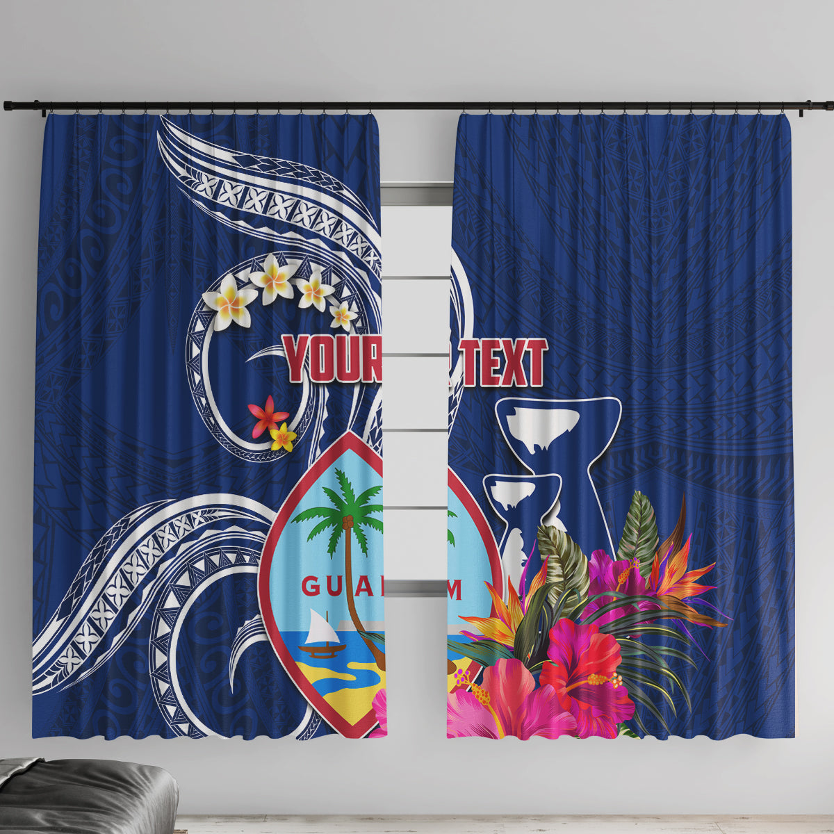 Personalised Guam Liberation Window Curtain Latte Stone and Guahan Seal Jungle Flower