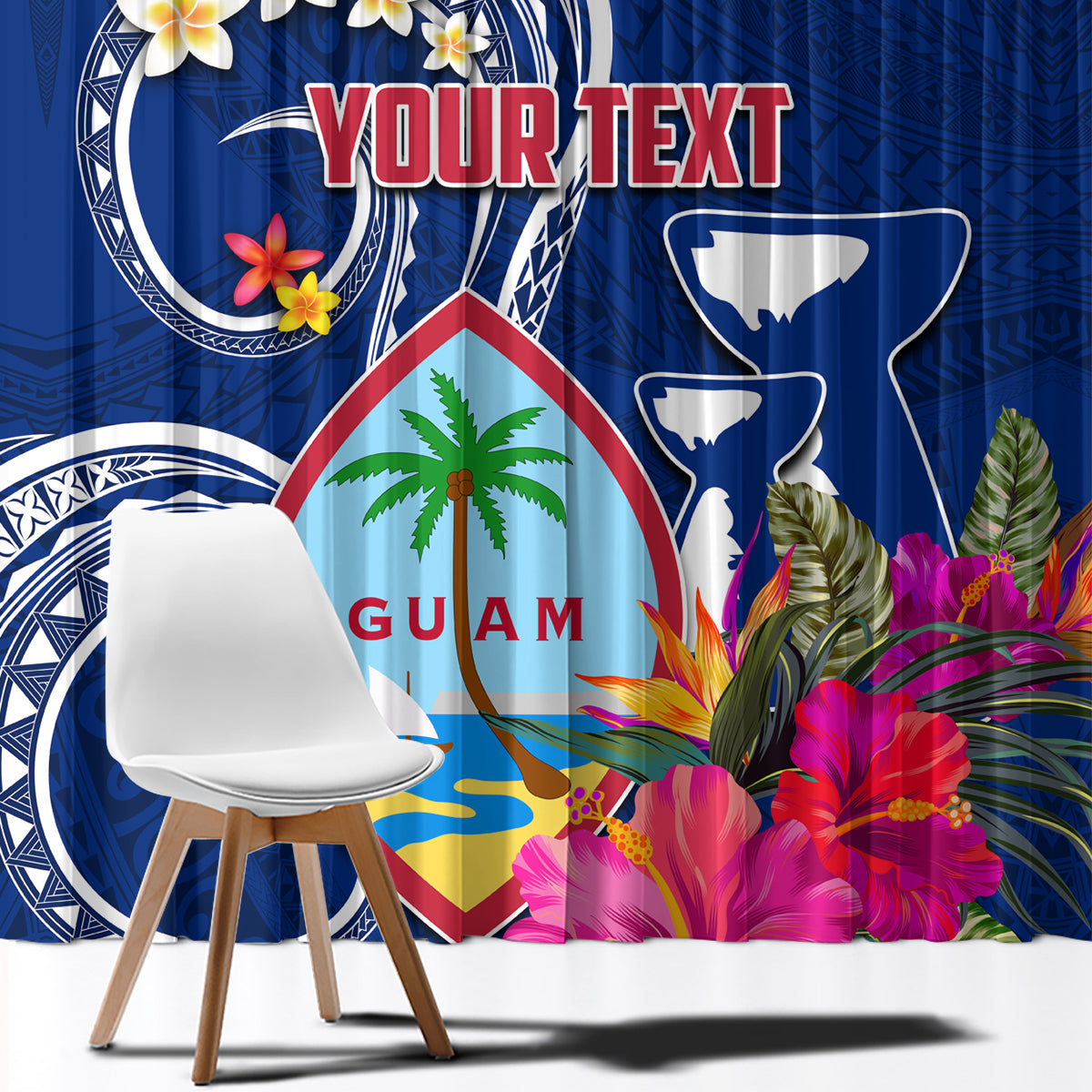 Personalised Guam Liberation Window Curtain Latte Stone and Guahan Seal Jungle Flower