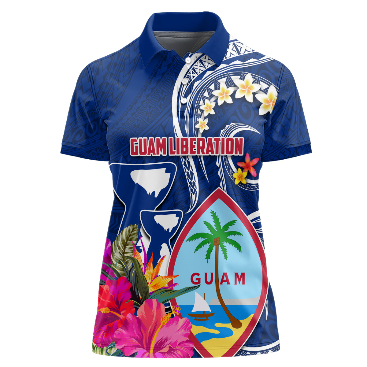 Guam Liberation Women Polo Shirt Latte Stone and Guahan Seal Jungle Flower