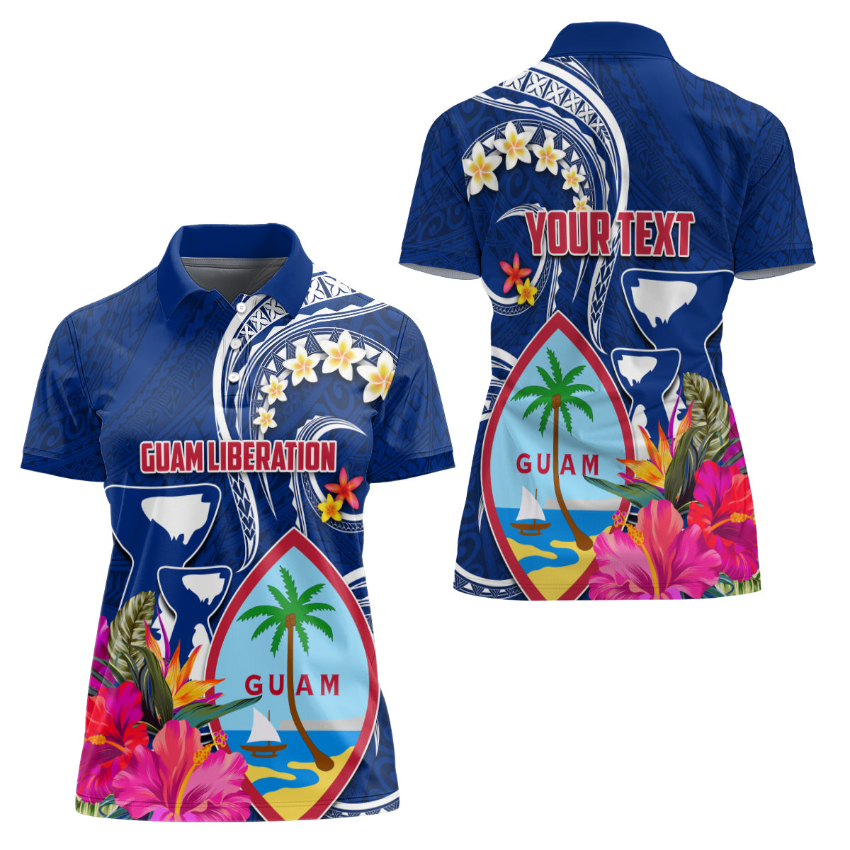 Guam Liberation Women Polo Shirt Latte Stone and Guahan Seal Jungle Flower