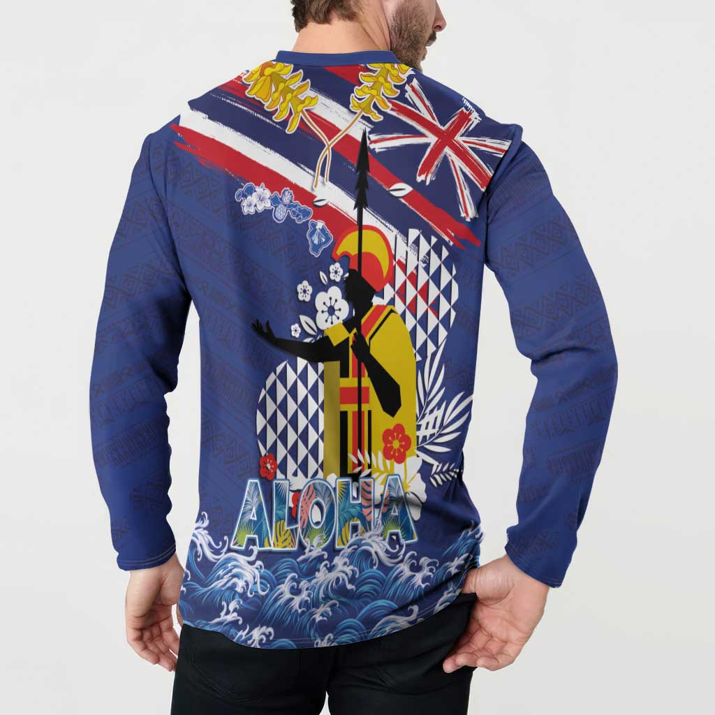 Hawaii King Kamehameha Day Button Sweatshirt Lei Sea Waves Polynesian Tapa Pattern