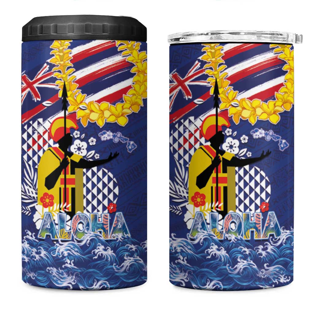 Hawaii King Kamehameha Day 4 in 1 Can Cooler Tumbler Lei Sea Waves Polynesian Tapa Pattern