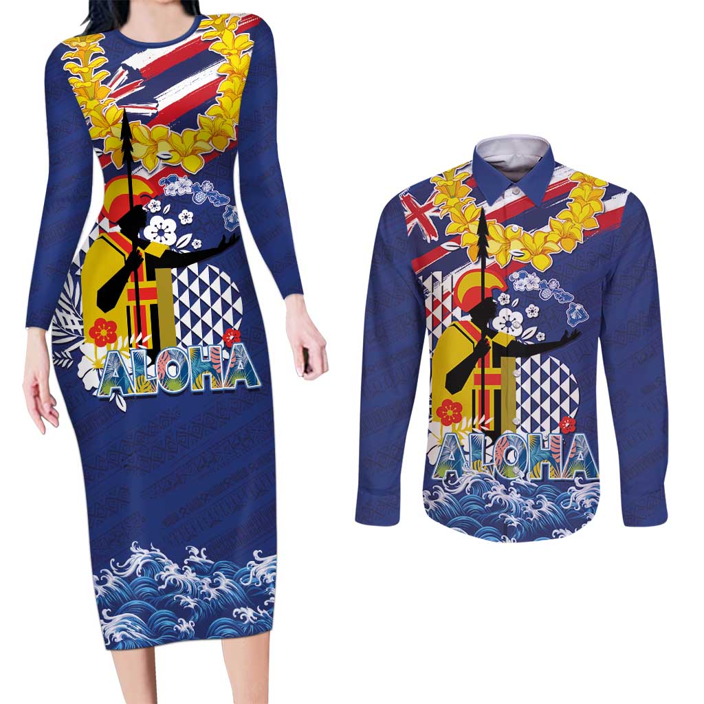 Hawaii King Kamehameha Day Couples Matching Long Sleeve Bodycon Dress and Long Sleeve Button Shirt Lei Sea Waves Polynesian Tapa Pattern