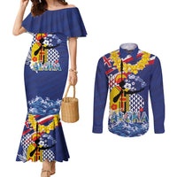 Hawaii King Kamehameha Day Couples Matching Mermaid Dress and Long Sleeve Button Shirt Lei Sea Waves Polynesian Tapa Pattern