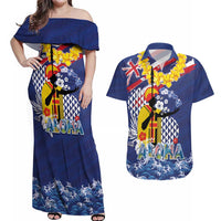Hawaii King Kamehameha Day Couples Matching Off Shoulder Maxi Dress and Hawaiian Shirt Lei Sea Waves Polynesian Tapa Pattern