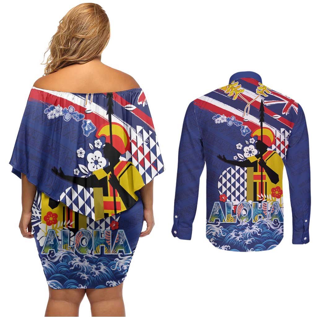 Hawaii King Kamehameha Day Couples Matching Off Shoulder Short Dress and Long Sleeve Button Shirt Lei Sea Waves Polynesian Tapa Pattern