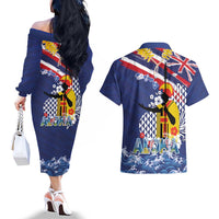 Hawaii King Kamehameha Day Couples Matching Off The Shoulder Long Sleeve Dress and Hawaiian Shirt Lei Sea Waves Polynesian Tapa Pattern