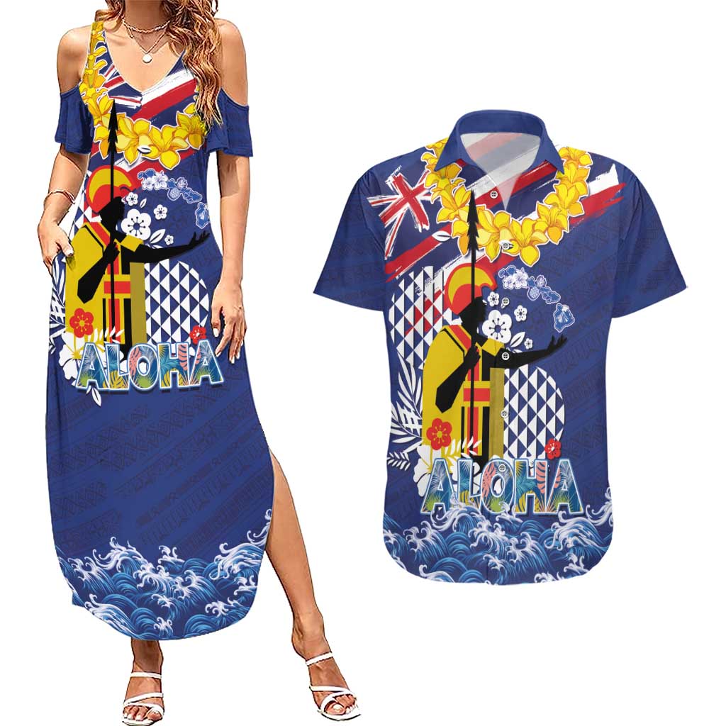 Hawaii King Kamehameha Day Couples Matching Summer Maxi Dress and Hawaiian Shirt Lei Sea Waves Polynesian Tapa Pattern