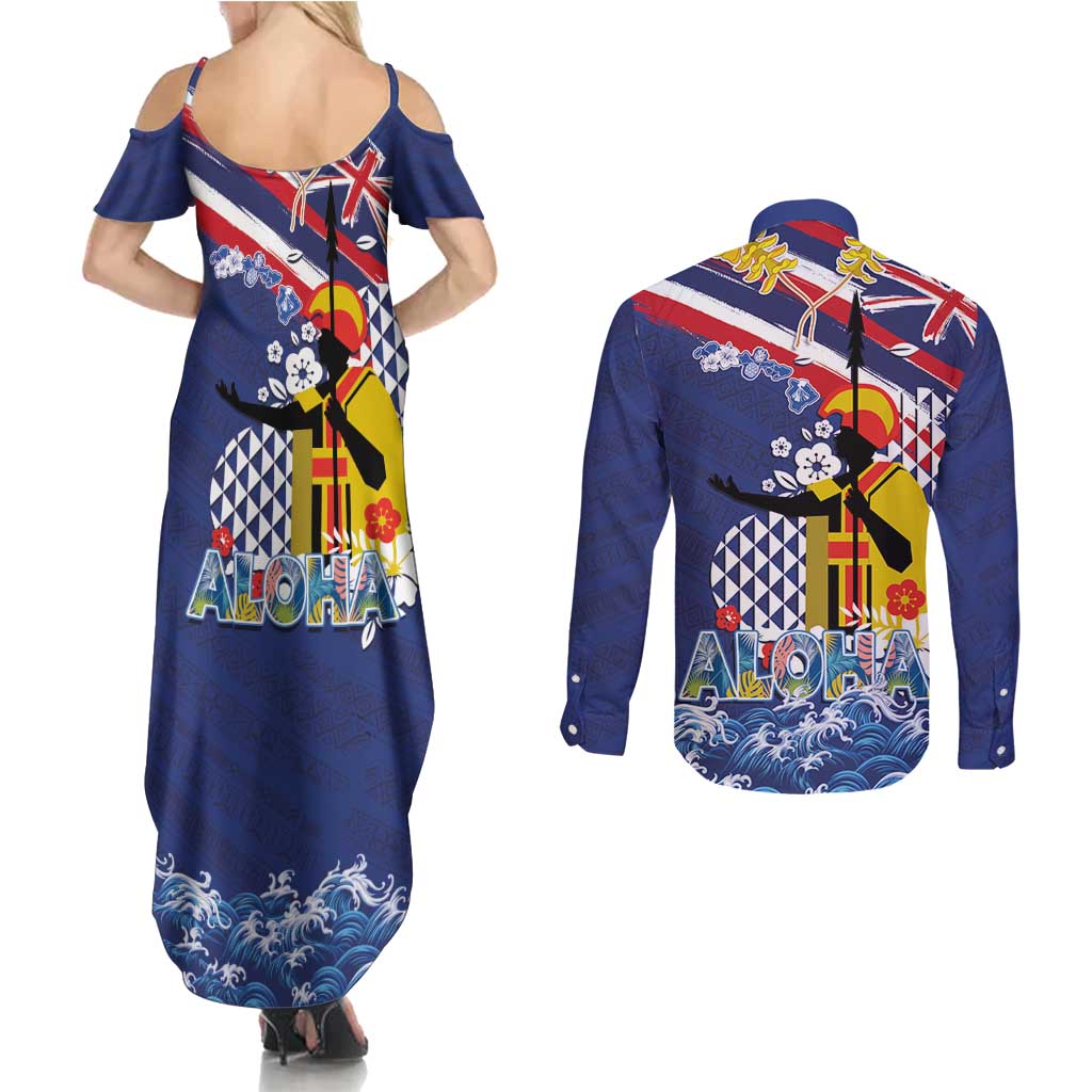 Hawaii King Kamehameha Day Couples Matching Summer Maxi Dress and Long Sleeve Button Shirt Lei Sea Waves Polynesian Tapa Pattern