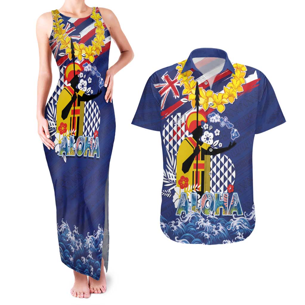 Hawaii King Kamehameha Day Couples Matching Tank Maxi Dress and Hawaiian Shirt Lei Sea Waves Polynesian Tapa Pattern