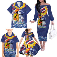 Hawaii King Kamehameha Day Family Matching Off The Shoulder Long Sleeve Dress and Hawaiian Shirt Lei Sea Waves Polynesian Tapa Pattern
