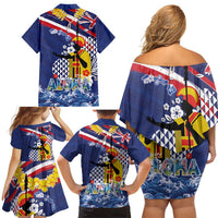 Hawaii King Kamehameha Day Family Matching Off Shoulder Short Dress and Hawaiian Shirt Lei Sea Waves Polynesian Tapa Pattern