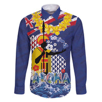 Hawaii King Kamehameha Day Family Matching Off Shoulder Short Dress and Hawaiian Shirt Lei Sea Waves Polynesian Tapa Pattern