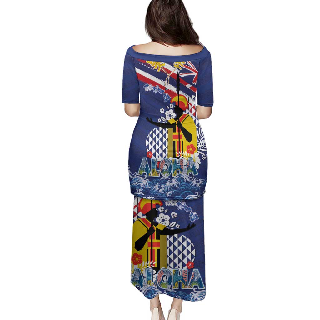 Hawaii King Kamehameha Day Family Matching Puletasi and Hawaiian Shirt Lei Sea Waves Polynesian Tapa Pattern