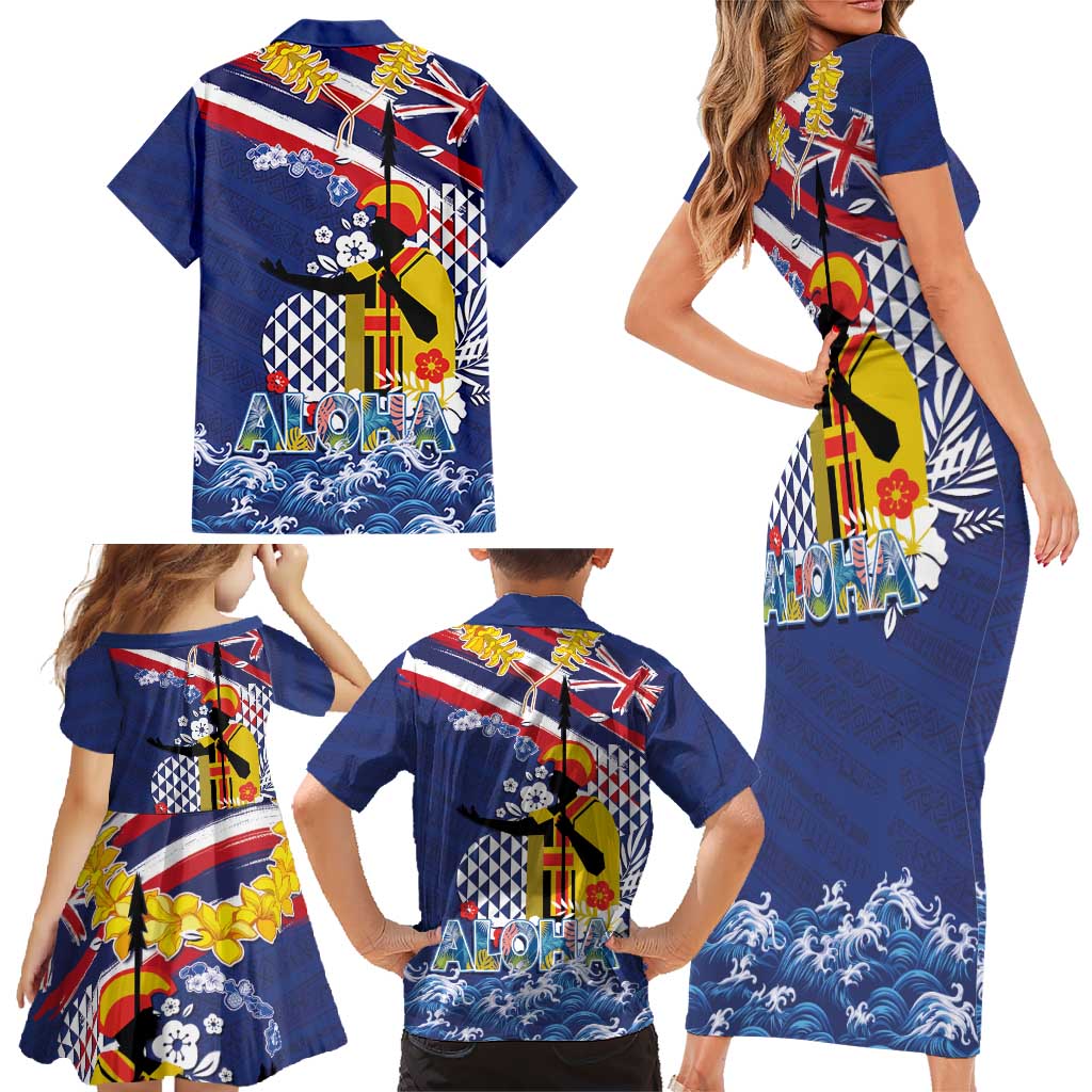 Hawaii King Kamehameha Day Family Matching Short Sleeve Bodycon Dress and Hawaiian Shirt Lei Sea Waves Polynesian Tapa Pattern