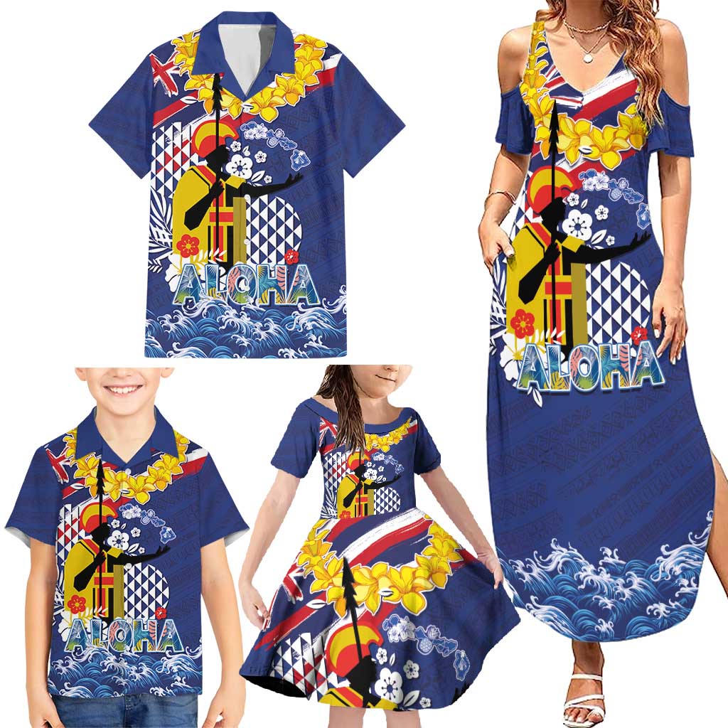 Hawaii King Kamehameha Day Family Matching Summer Maxi Dress and Hawaiian Shirt Lei Sea Waves Polynesian Tapa Pattern