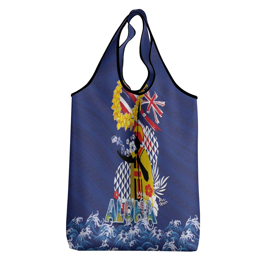 Hawaii King Kamehameha Day Grocery Bag Lei Sea Waves Polynesian Tapa Pattern