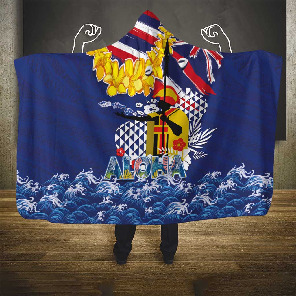 Hawaii King Kamehameha Day Hooded Blanket Lei Sea Waves Polynesian Tapa Pattern