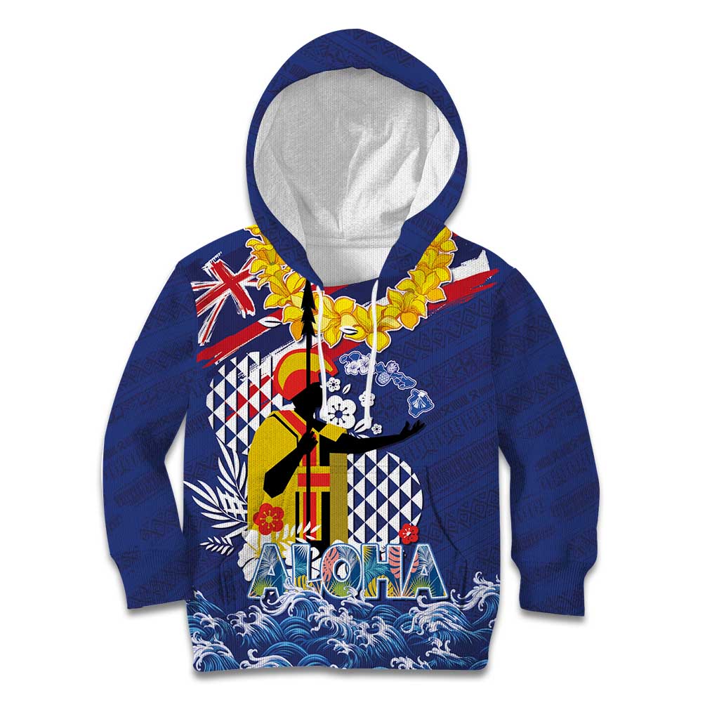 Hawaii King Kamehameha Day Kid Hoodie Lei Sea Waves Polynesian Tapa Pattern
