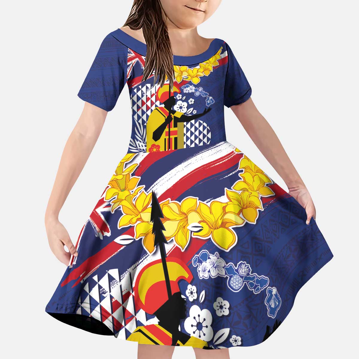 Hawaii King Kamehameha Day Kid Short Sleeve Dress Lei Sea Waves Polynesian Tapa Pattern