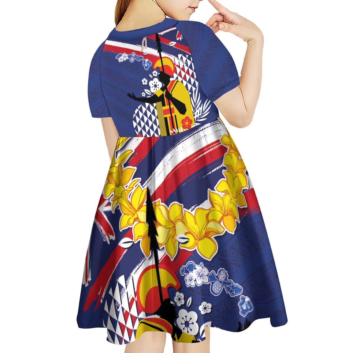 Hawaii King Kamehameha Day Kid Short Sleeve Dress Lei Sea Waves Polynesian Tapa Pattern