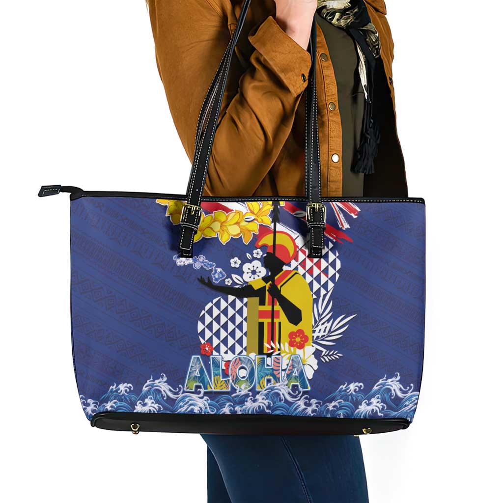 Hawaii King Kamehameha Day Leather Tote Bag Lei Sea Waves Polynesian Tapa Pattern