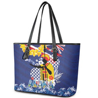 Hawaii King Kamehameha Day Leather Tote Bag Lei Sea Waves Polynesian Tapa Pattern
