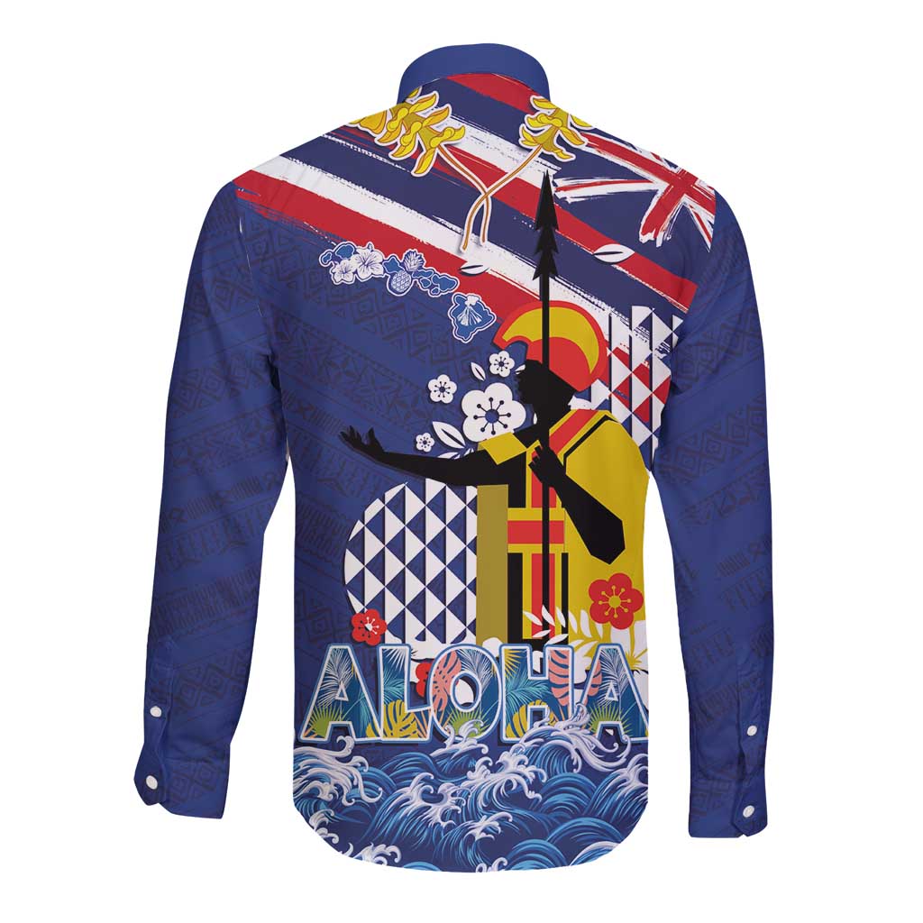 Hawaii King Kamehameha Day Long Sleeve Button Shirt Lei Sea Waves Polynesian Tapa Pattern