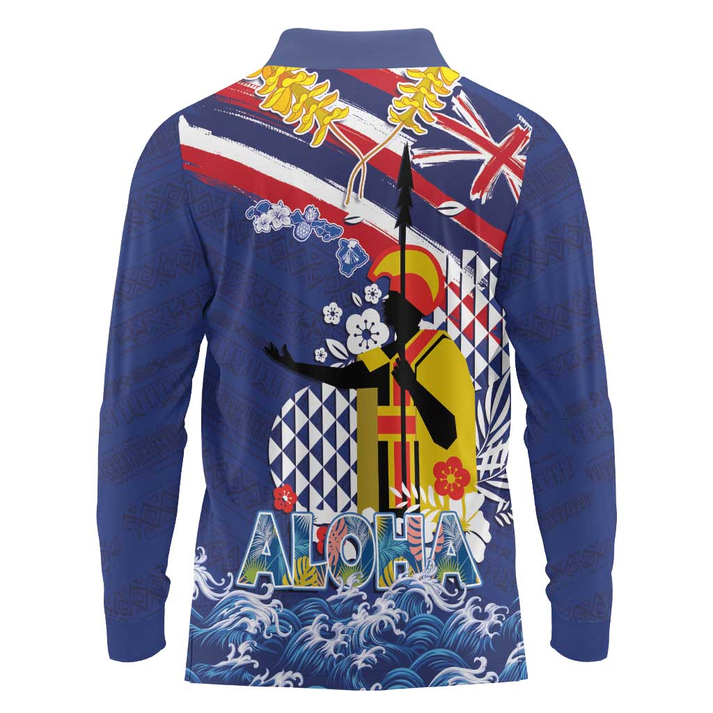 Hawaii King Kamehameha Day Long Sleeve Polo Shirt Lei Sea Waves Polynesian Tapa Pattern