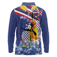 Hawaii King Kamehameha Day Long Sleeve Polo Shirt Lei Sea Waves Polynesian Tapa Pattern