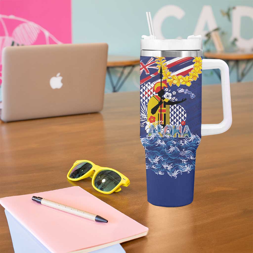 Hawaii King Kamehameha Day Tumbler With Handle Lei Sea Waves Polynesian Tapa Pattern