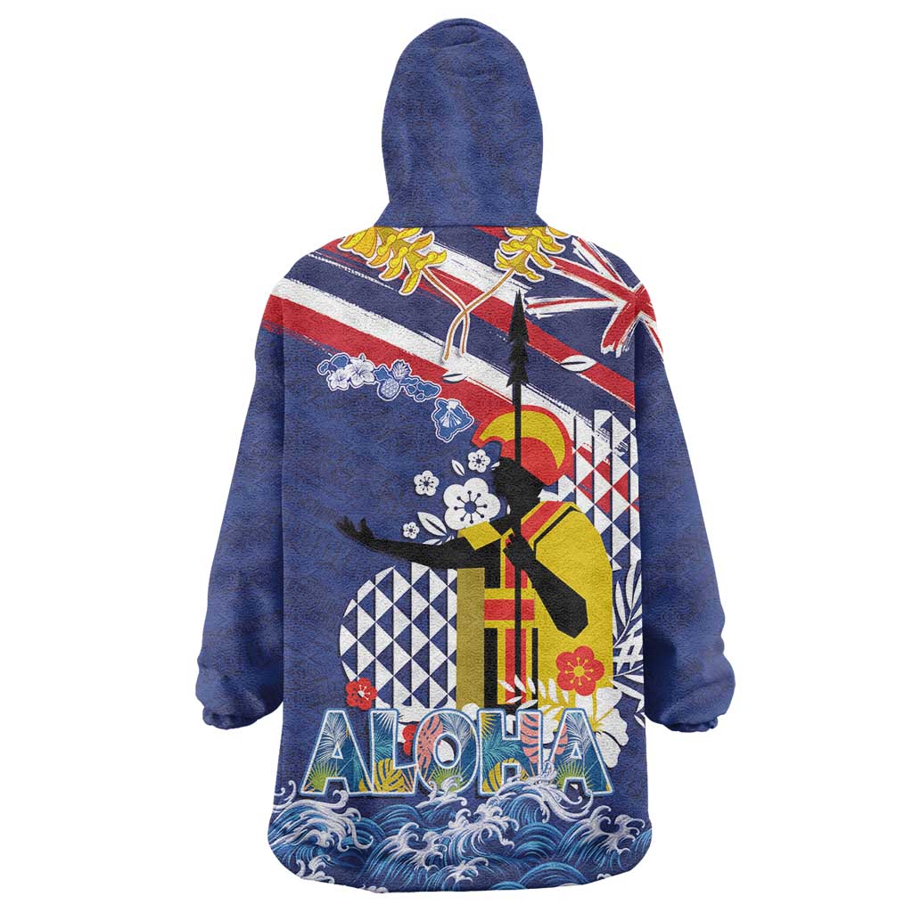 Hawaii King Kamehameha Day Wearable Blanket Hoodie Lei Sea Waves Polynesian Tapa Pattern